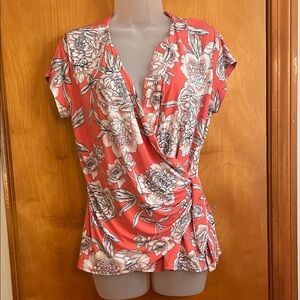 Tahari Coral Floral Faux-Wrap Short Sleeve Blouse